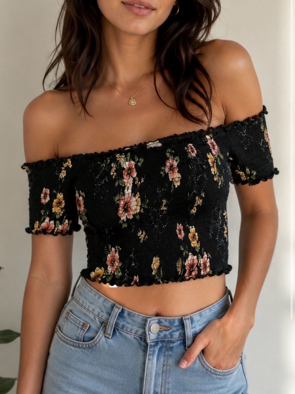 Floral Off-Shoulder Black Top